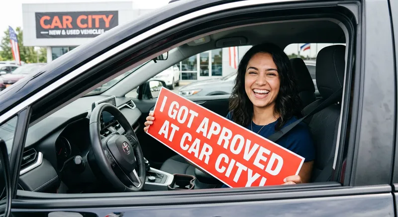 Smiling woman sits in a car at a dealership, holding a sign that reads'I GOT APPROVED AT CAR CITY!' with the lot in the background.] ,