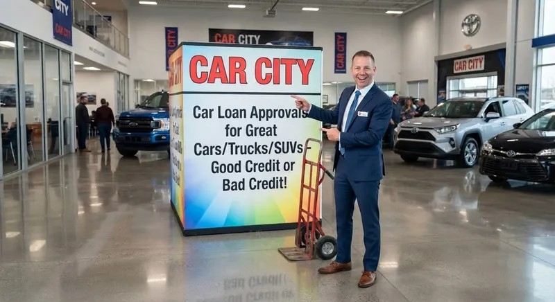 BoxApprovals - Car City Services Salesman in a blue suit points to a large colorful sign reading 'CAR CITY' inside a car dealership showroom with cars on display behind him.