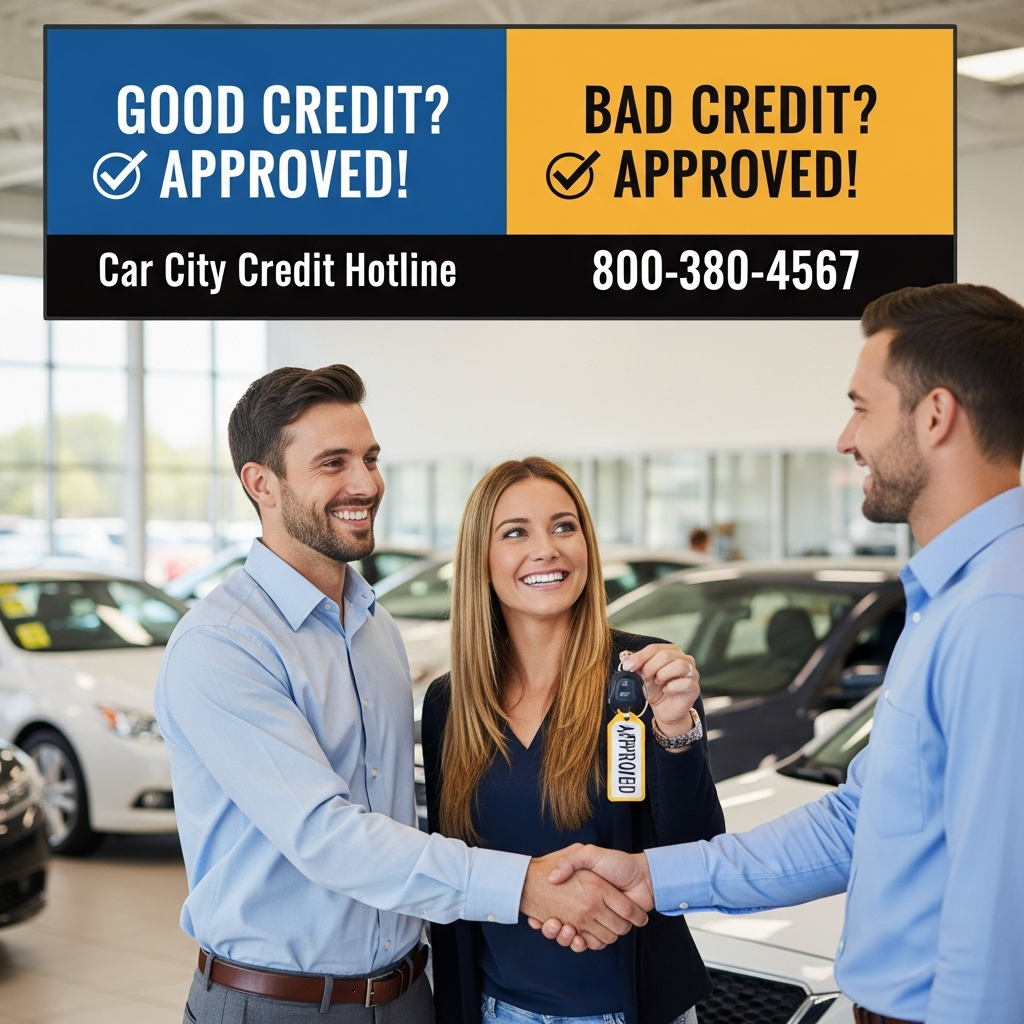 CCH_2 - Car City Services Three people in a car showroom shake hands under a banner that says'Good Credit? Approved!' and 'Bad Credit? Approved!' with a phone number